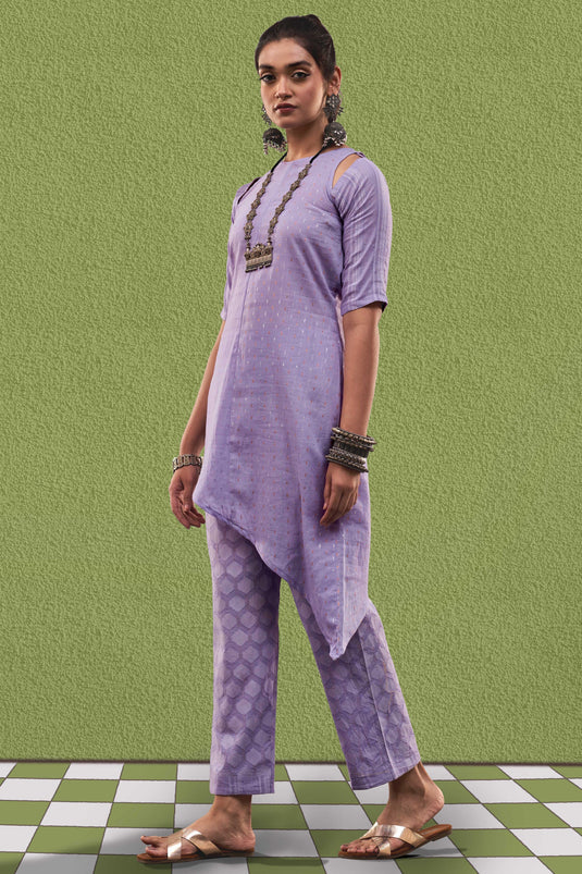 Exclusive Lavender Color Cotton Jacquard Fabric Party Wear Designer Readymade Fusion Kurta Set