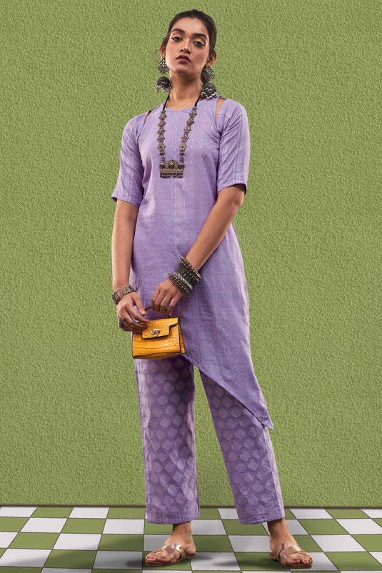 Exclusive Lavender Color Cotton Jacquard Fabric Party Wear Designer Readymade Fusion Kurta Set