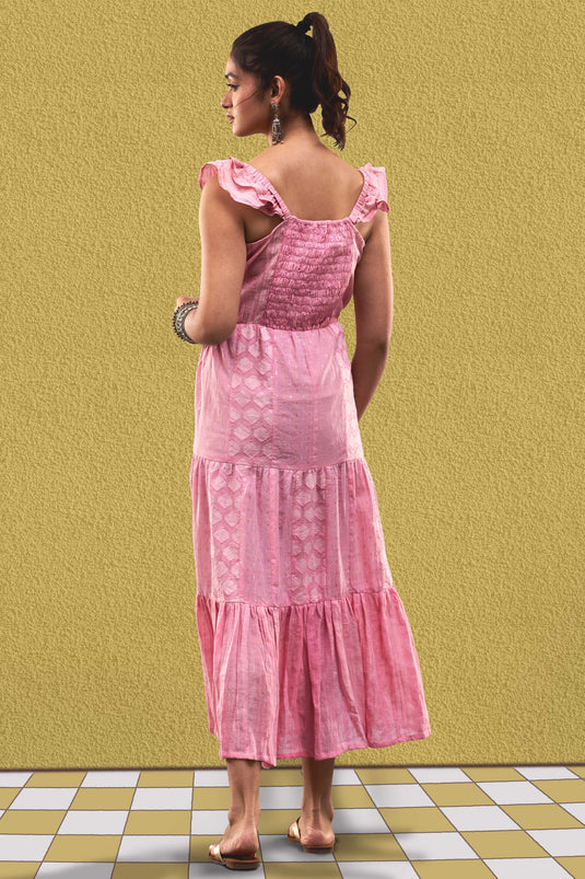 Exclusive Pink Color Cotton Jacquard Fabric Party Wear Designer Readymade Maxi Dress