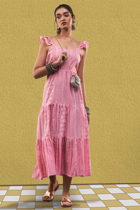 Exclusive Pink Color Cotton Jacquard Fabric Party Wear Designer Readymade Maxi Dress