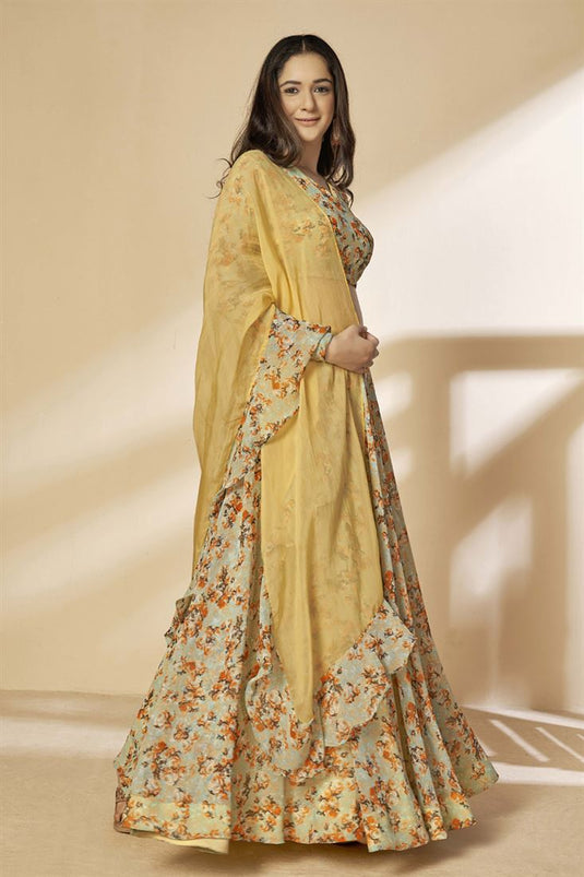 Exclusive Cream Color Georgette Fabric Printed Function Wear Fancy Lehenga Set