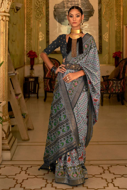 Gray Smoothy Printed Patola Silk Saree with Designer Border
