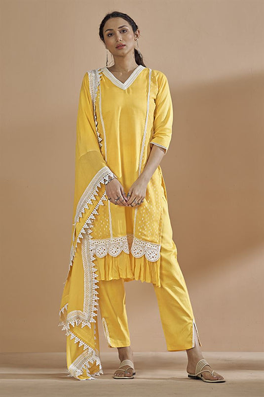 Exclusive Yellow Color Cotton Satin And Georgette Function Wear Trendy Readymade Kurta Set With Bottom