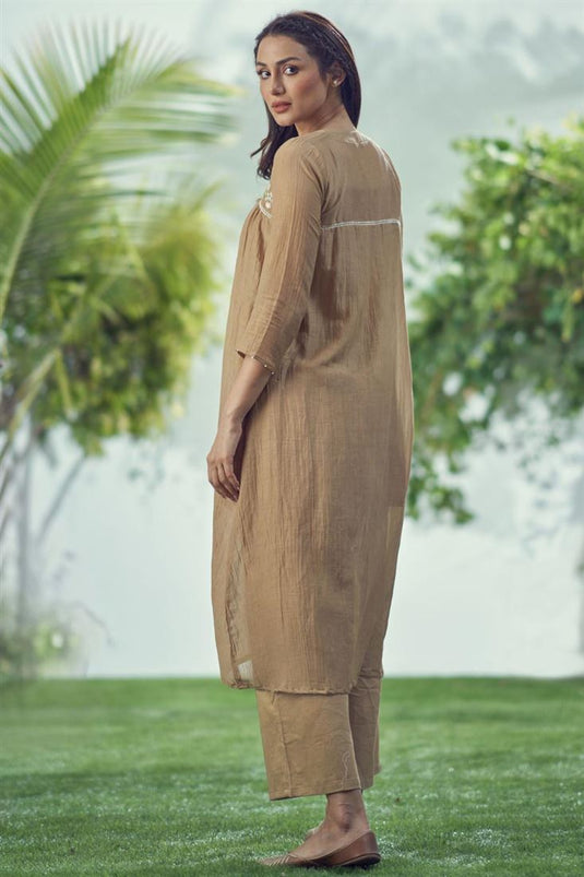 Exclusive Brown Color Mal Cotton Fabric Readymade Kurta Set