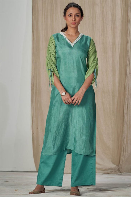 Exclusive Muslin Silk Fabric Readymade Palazzo Kurta Set In Teal Color