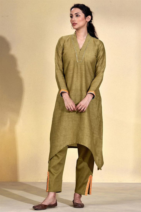 Exclusive Brown Color Viscose Linen Fabric Readymade Kurta Set