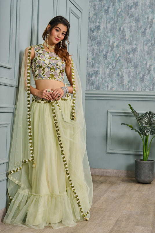 Radiant Sequins Work On Sea Green Color Net Fabric Readymade Lehenga