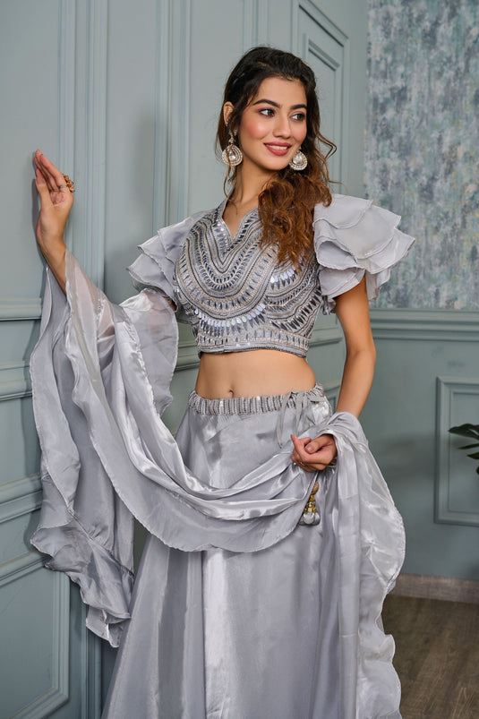 Engaging Grey Color Tissue Fabric Readymade Lehenga With Sequins Work