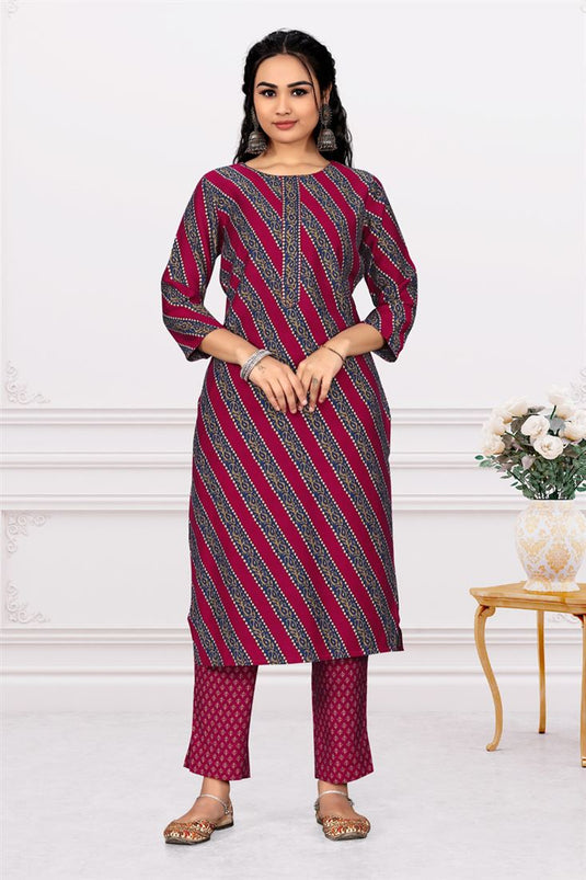 Purple Color Special Printed Cotton Kurti With Bottom