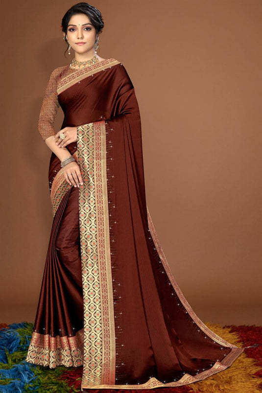 Shimmering Satin Saree in Moroon Color with Intricate Border Work