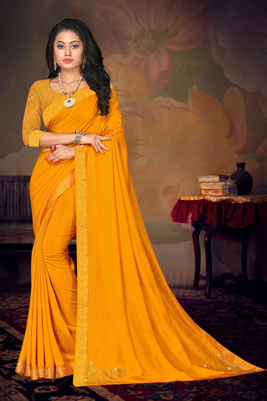 Art Silk Fabric Daily Wear Chic Yellow Color Lace Work Saree