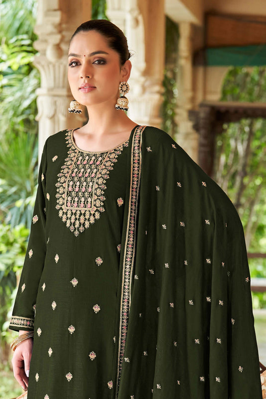 Mehendi Green Color Art Silk Fabric Function Wear Tempting Palazzo Suit