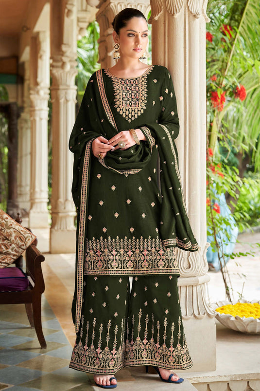 Mehendi Green Color Art Silk Fabric Function Wear Tempting Palazzo Suit