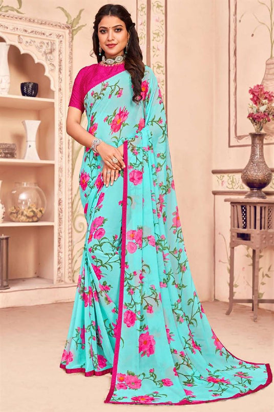Cyan Color Georgette Fabric Casual Wear Printed Saree