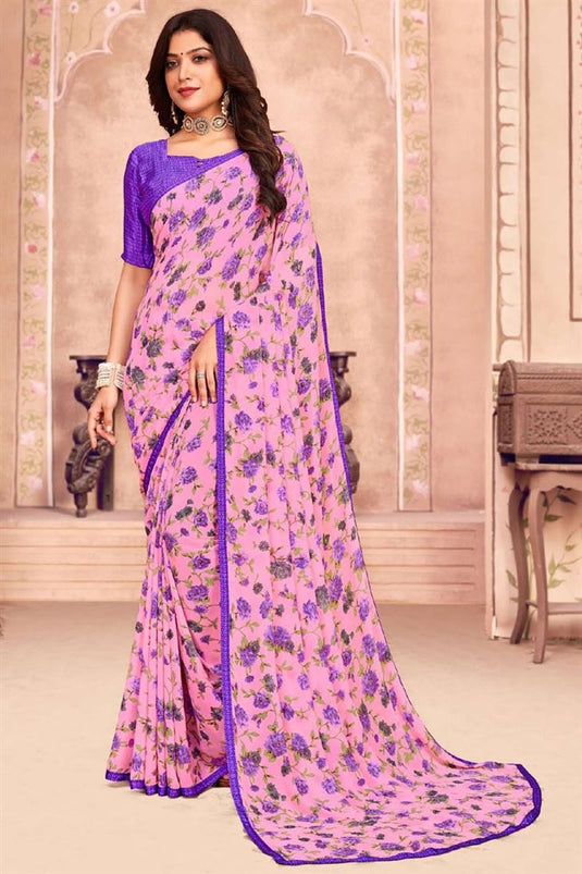 Georgette Fabric Daily Wear Printed Saree In Pink Color