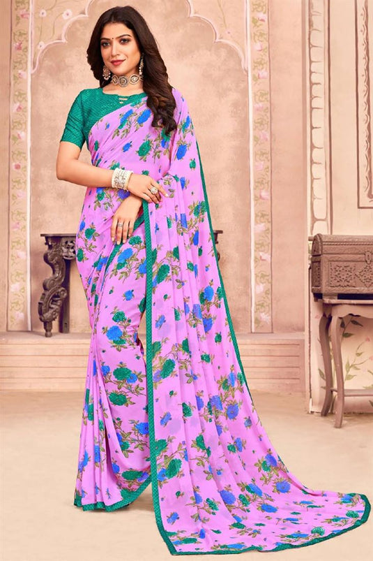 Attractive Georgette Fabric Pink Color Printed Saree