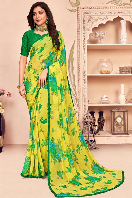 Georgette Fabric Daily Wear Printed Yellow Saree