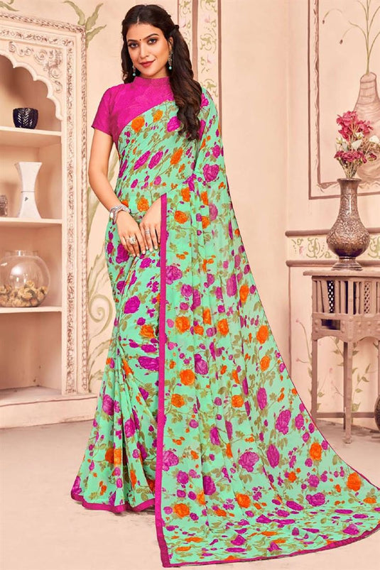 Daily Wear Sea Green Color Georgette Fabric Printed Saree