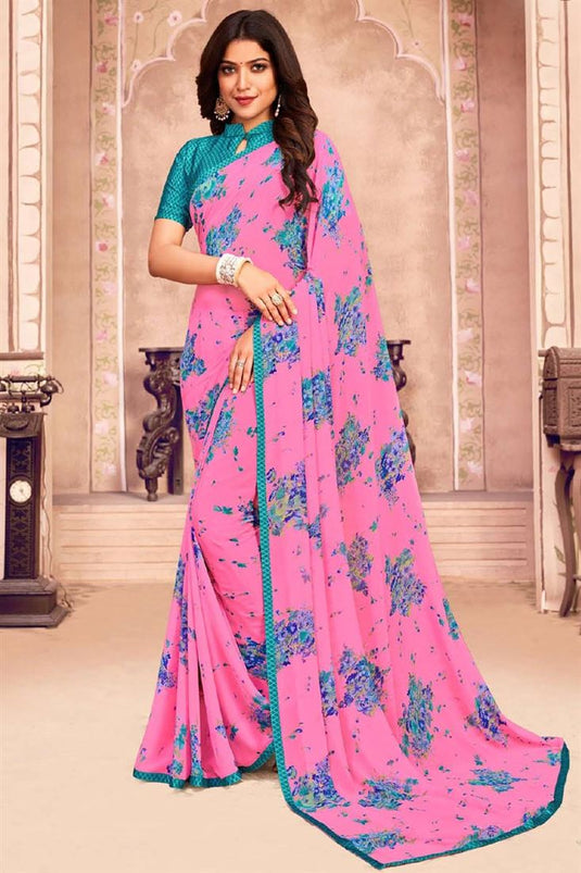 Pink Color Georgette Fabric Beautiful Printed Saree