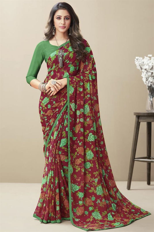 Daily Wear Georgette Floral Print Design Saree In Maroon Color