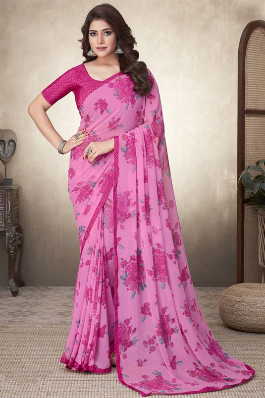 Casual Wear Pink Color Printed Work Georgette Fabric Saree