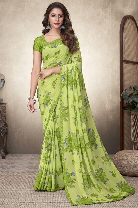 Casual Wear Green Color Georgette Fabric Saree With Printed Work