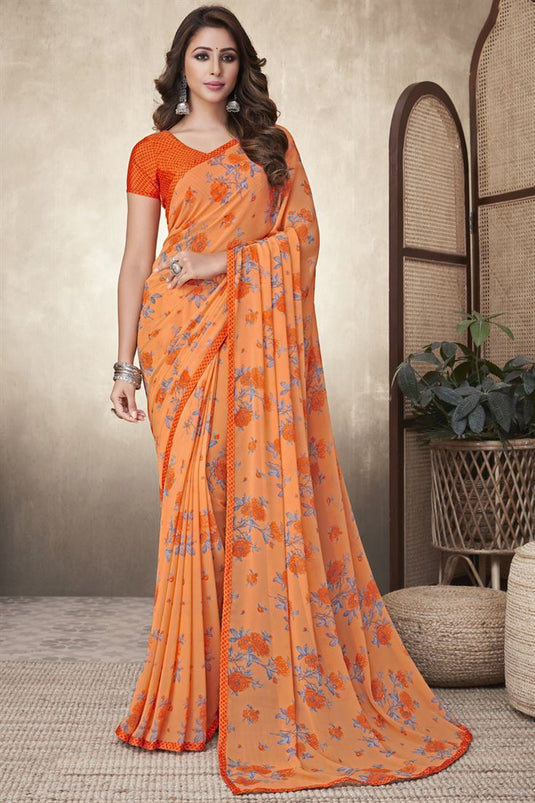 Daily Wear Orange Color Georgette Fabric Saree With Printed Work