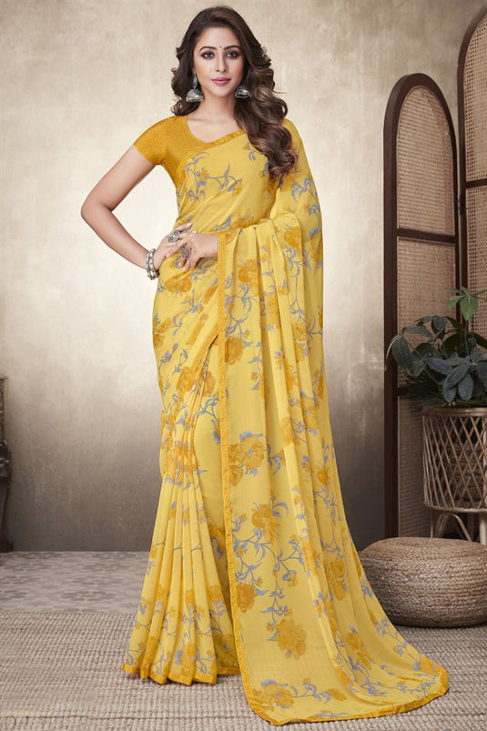 Casual Wear Yellow Color Saree With Floral Printed Work