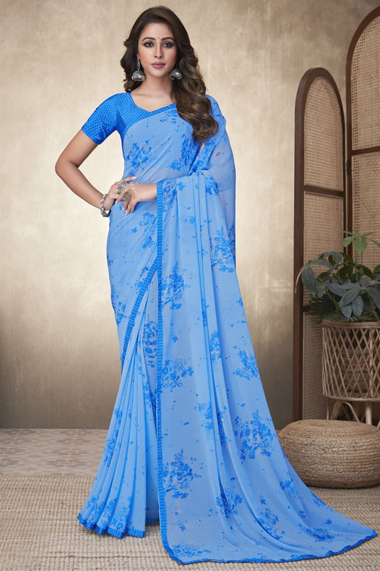 Blue Color Daily Wear Georgette Fabric Saree With Printed Work