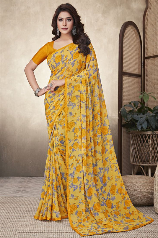 Yellow Color Floral Printed Work Casual Wear Saree