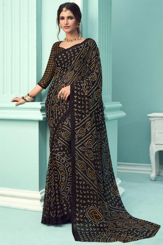 Vartika Singh Chiffon Silk Fabric Black Color Casual Bandhani Print Saree