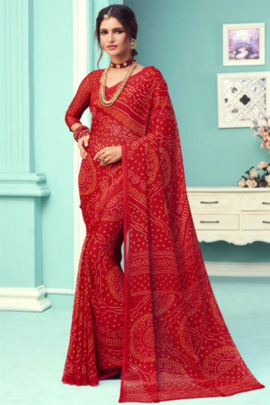 Vartika Singh Red Regular Wear Bandhani Print Saree In Chiffon Silk Fabric