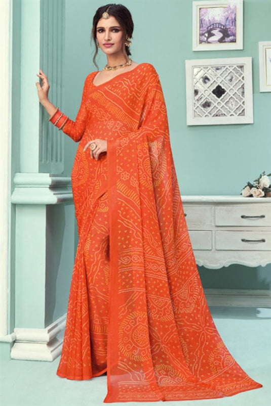 Vartika Singh Orange Chiffon Silk Fabric Bandhej Print Casual Saree