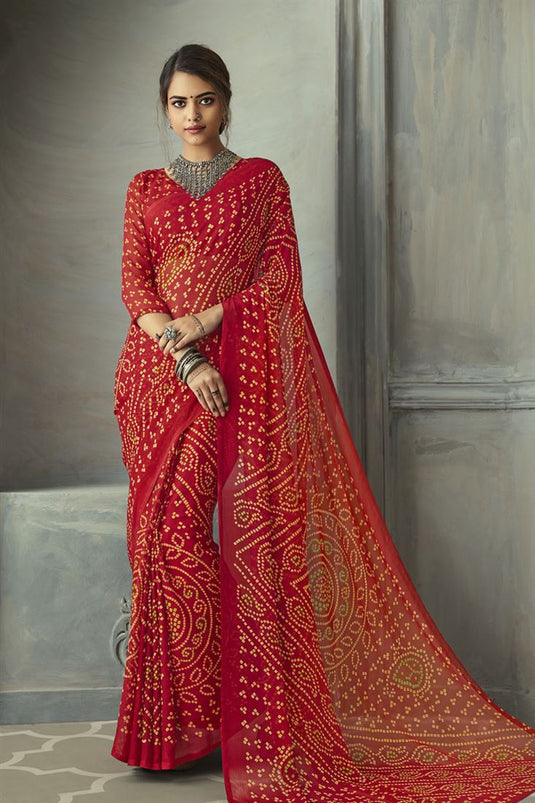 Festive Wear Fancy Bandhani Print Saree In Chiffon Fabric Red Color