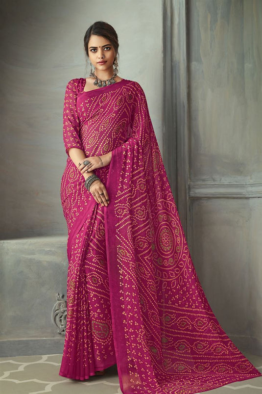 Chiffon Fabric Festive Wear Fancy Bandhani Print Saree In Rani Color