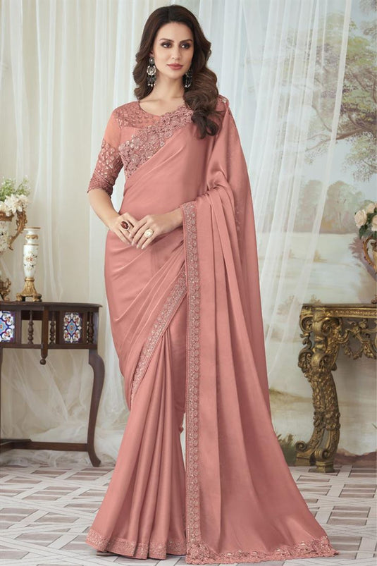 Look Pretty Wearing Lovely Designer Ready To Wear Peach Color Saree –  Fashionfy