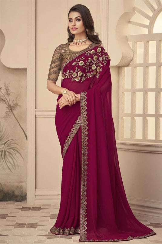 Party Wear Art Silk Fabric Luminous Embroidered Saree In Maroon Color
