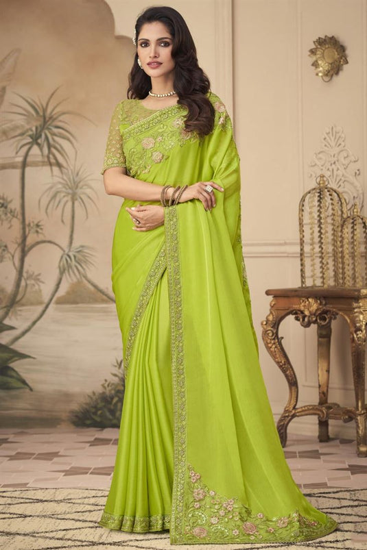 Embroidered Work Green Color Party Wear Blazing Saree Featuring Vartika Singh In Art Silk Fabric