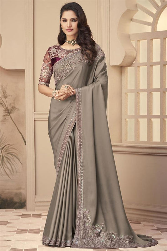 Party Wear Art Silk Fabric Enticing Embroidered Saree Featuring Vartika Singh In Cream Color