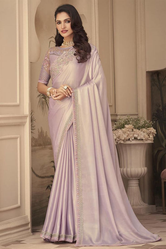Party Wear Superior Embroidered Work Lavender Color Saree Featuring Vartika Singh In Art Silk Fabric