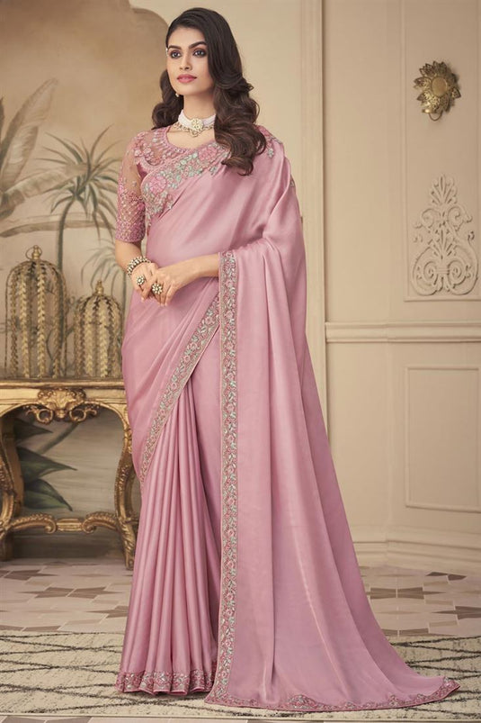 Party Style Pink Color Art Silk Fabric Phenomenal Saree With Embroidered Work