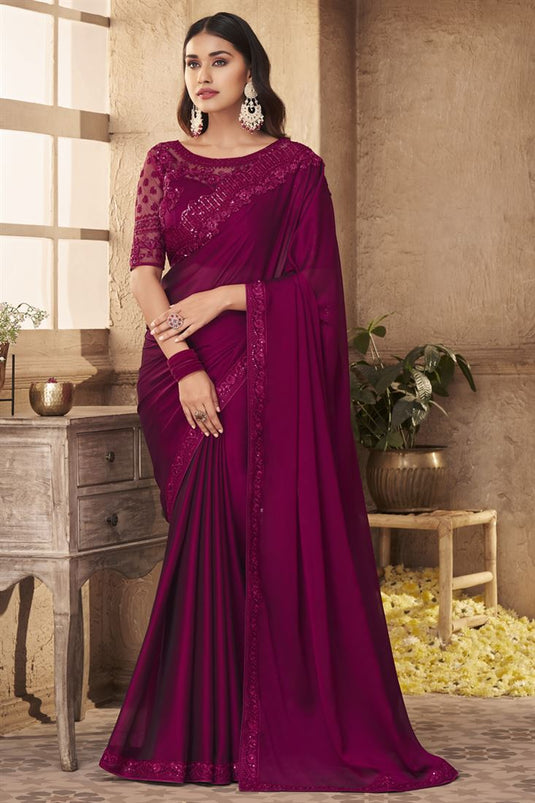 Art Silk Fabric Wine Color Saree With Embroidered Work