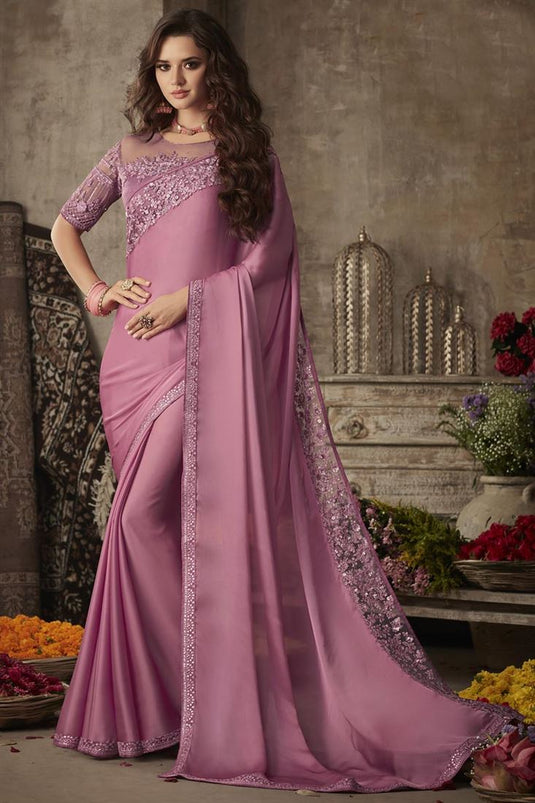 Attractive Embroidered Pink Reception Wear Saree
