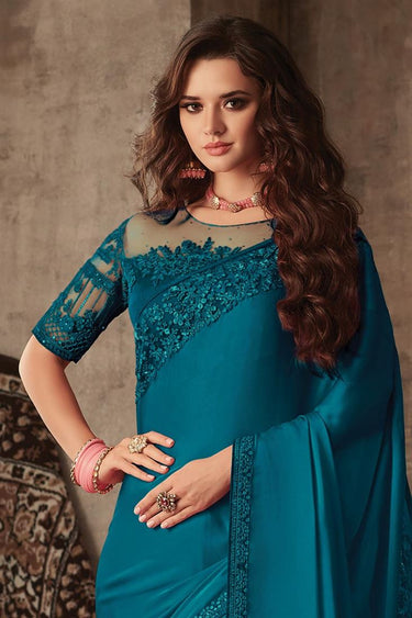 Teal Embroidered Art Silk Fabric Party Wear Designer Saree