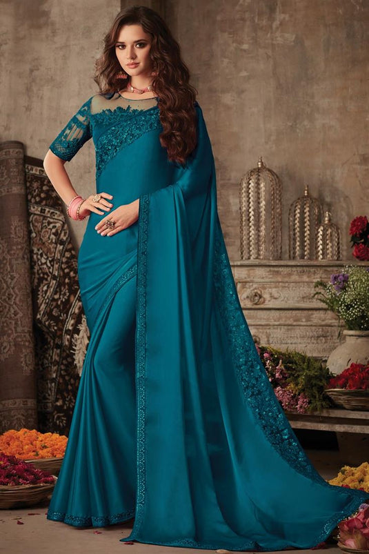 Teal Embroidered Art Silk Fabric Party Wear Designer Saree