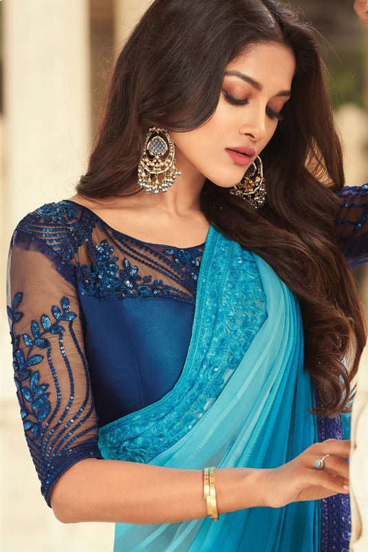 Sky Blue Color Trendy Art Silk Fabric Party Style Saree With Embroidered Blouse