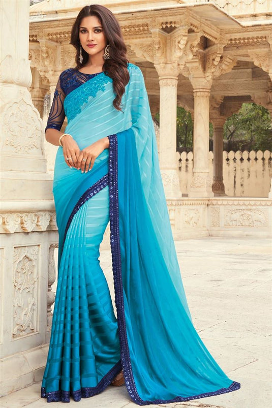 Sky Blue Color Trendy Art Silk Fabric Party Style Saree With Embroidered Blouse