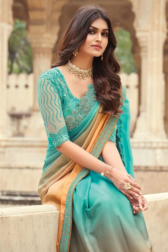 Cyan Color Traditional Saree With Embroidered Blouse In Art Silk Fabric