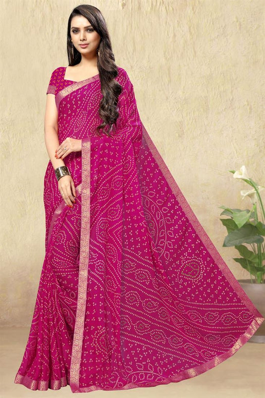 Rani Color Chiffon Fabric Bandhani Print Saree