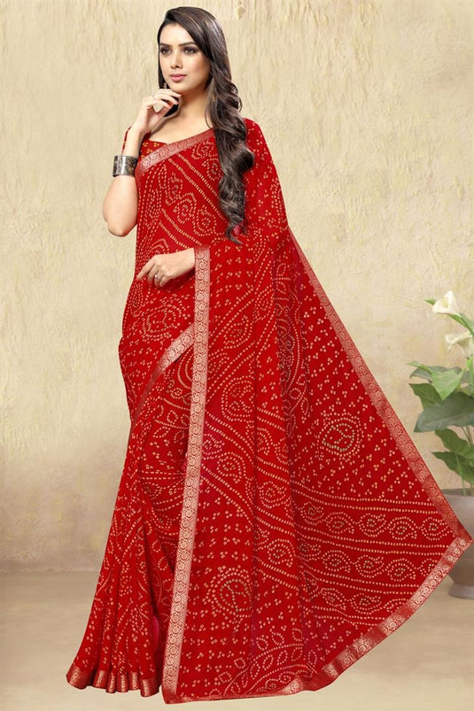 Red Color Chiffon Fabric Bandhani Print Saree